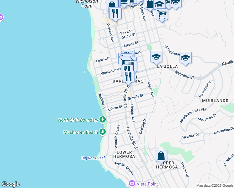 map of restaurants, bars, coffee shops, grocery stores, and more near 342 Playa Del Sur Street in San Diego