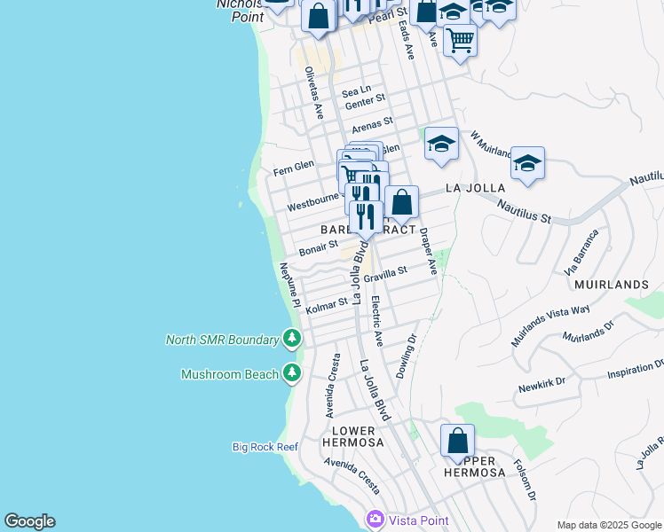 map of restaurants, bars, coffee shops, grocery stores, and more near 342 Playa Del Sur Street in San Diego