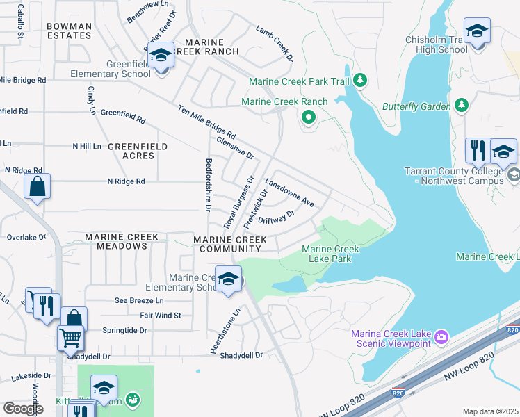 map of restaurants, bars, coffee shops, grocery stores, and more near 5112 Prestwick Drive in Fort Worth