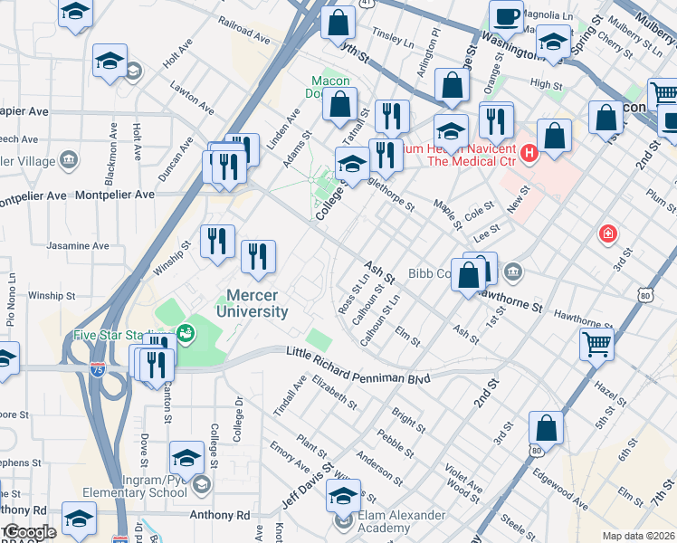 map of restaurants, bars, coffee shops, grocery stores, and more near 1088 Elm Street in Macon