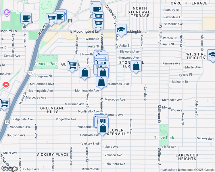 map of restaurants, bars, coffee shops, grocery stores, and more near 5717 Morningside Avenue in Dallas