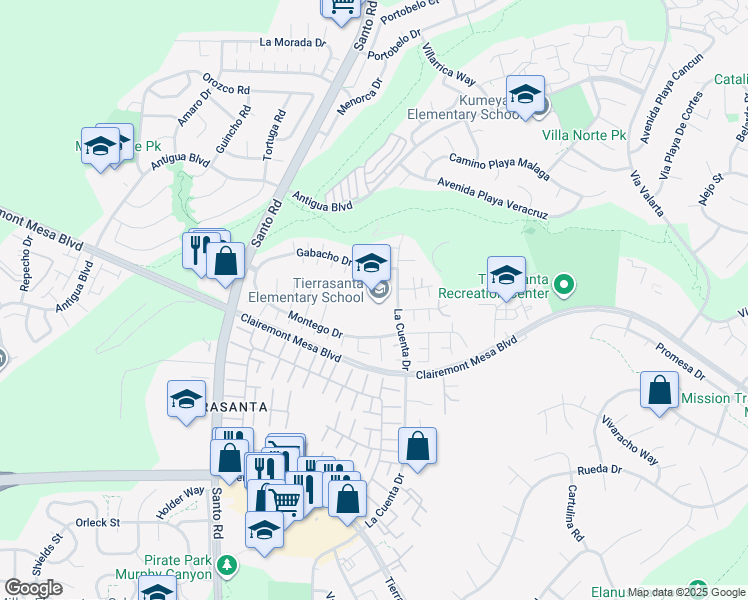 map of restaurants, bars, coffee shops, grocery stores, and more near 5450 La Cuenta Drive in San Diego
