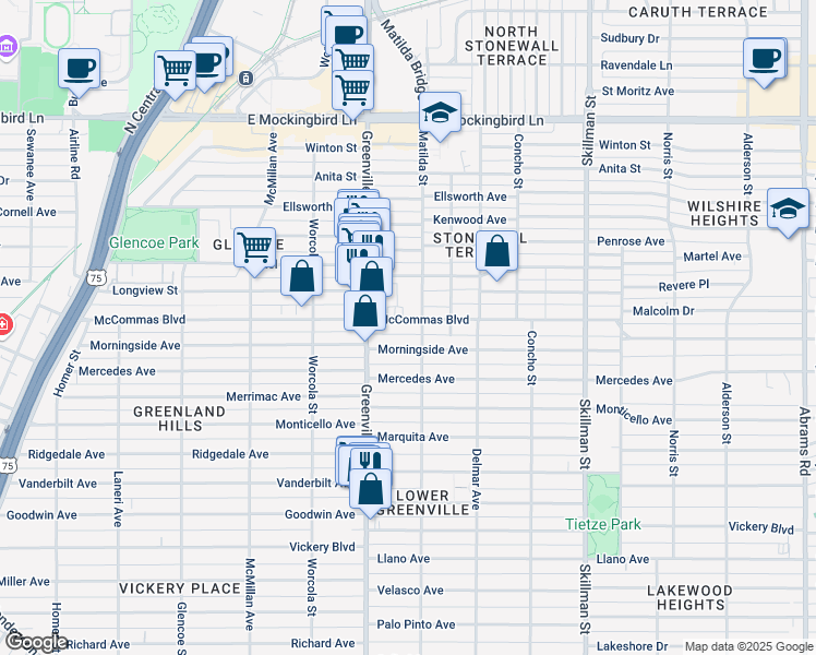 map of restaurants, bars, coffee shops, grocery stores, and more near 5747 Morningside Avenue in Dallas