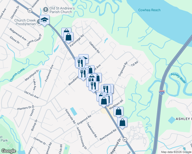 map of restaurants, bars, coffee shops, grocery stores, and more near 1783 Melody Lane in Charleston