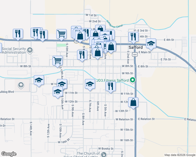 map of restaurants, bars, coffee shops, grocery stores, and more near 1116 South 6th Avenue in Safford
