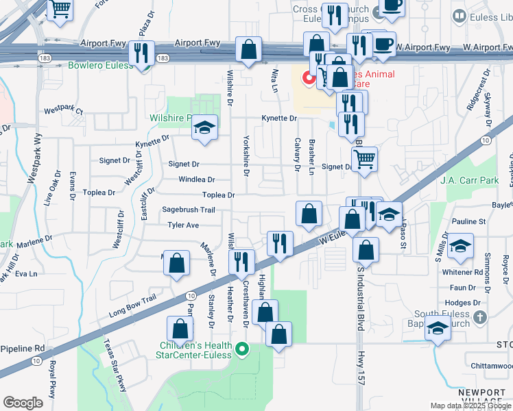 map of restaurants, bars, coffee shops, grocery stores, and more near 1450 Sagebrush Trail in Euless