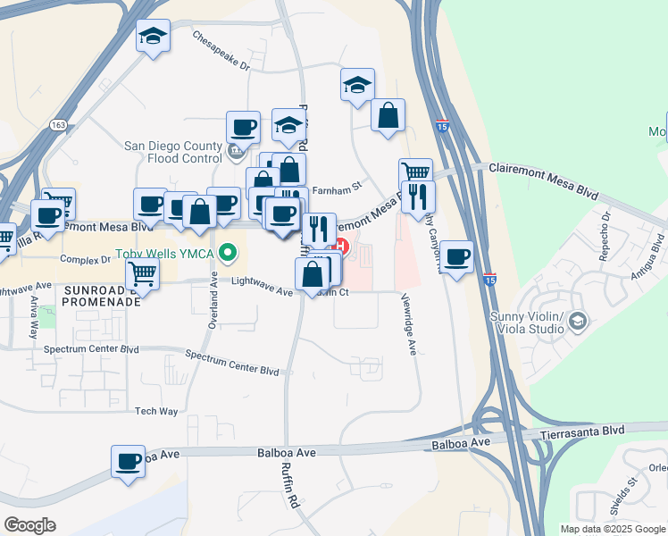 map of restaurants, bars, coffee shops, grocery stores, and more near 9364-9440 Ruffin Ct in San Diego