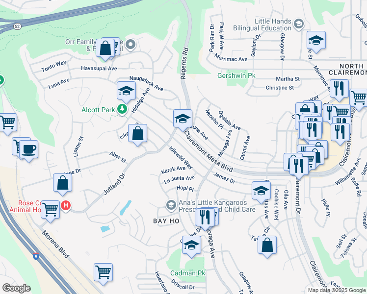 map of restaurants, bars, coffee shops, grocery stores, and more near 3284 Idlewild Way in San Diego