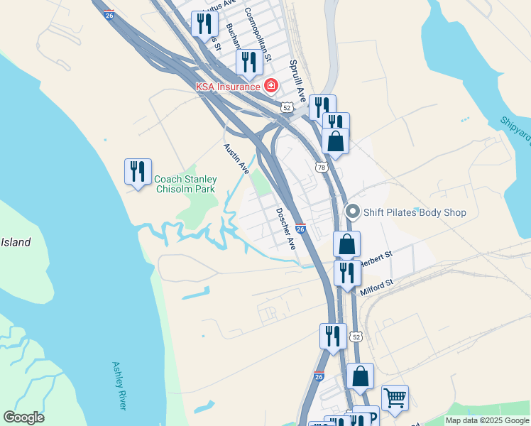 map of restaurants, bars, coffee shops, grocery stores, and more near 2309 Birdie Garrett Street in North Charleston