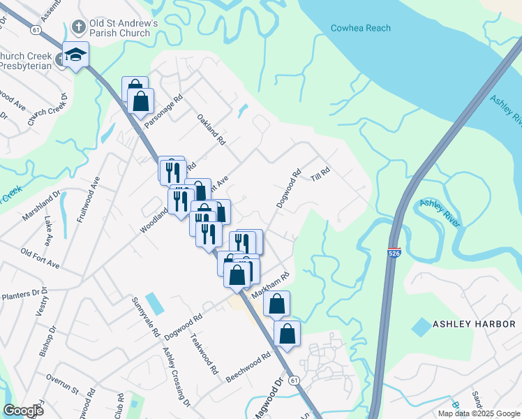 map of restaurants, bars, coffee shops, grocery stores, and more near 2419 Castlereagh Road in Charleston