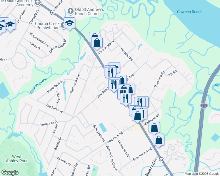 map of restaurants, bars, coffee shops, grocery stores, and more near 2491 Ashley River Road in Charleston