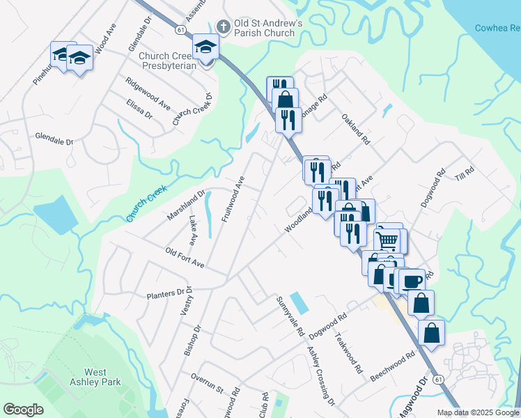 map of restaurants, bars, coffee shops, grocery stores, and more near 1925 Old Parsonage Road in Charleston