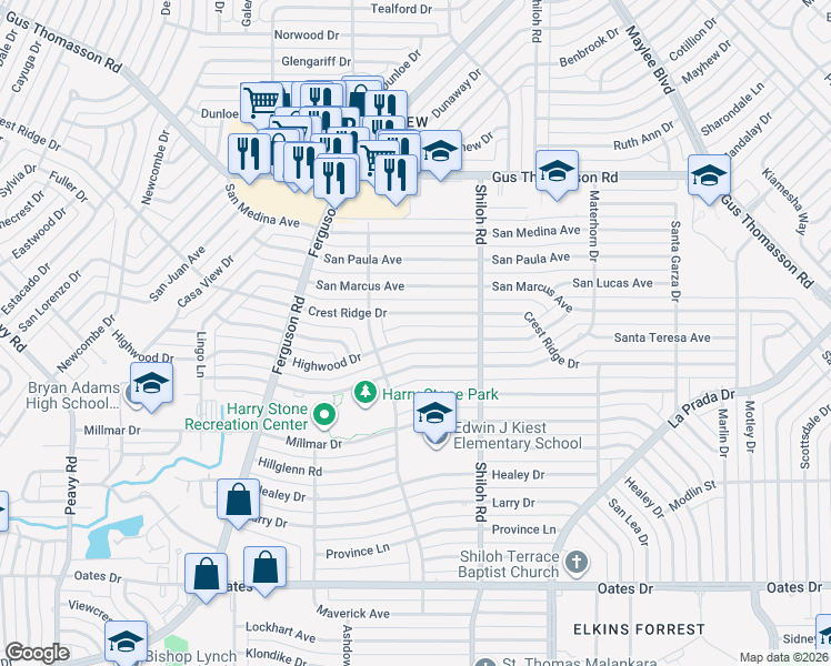 map of restaurants, bars, coffee shops, grocery stores, and more near 2533 Materhorn Drive in Dallas