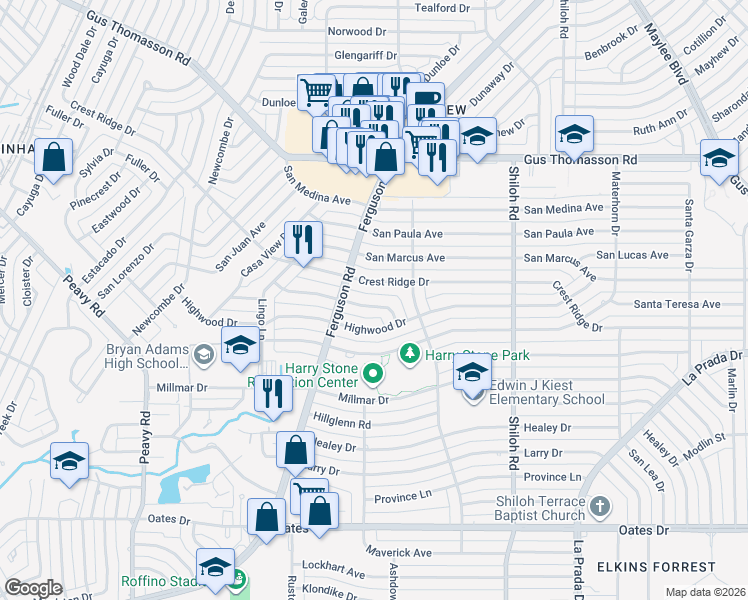 map of restaurants, bars, coffee shops, grocery stores, and more near 2464 Hartline Drive in Dallas