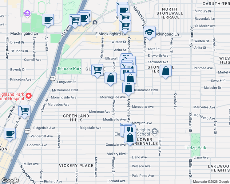 map of restaurants, bars, coffee shops, grocery stores, and more near 5547 Morningside Avenue in Dallas