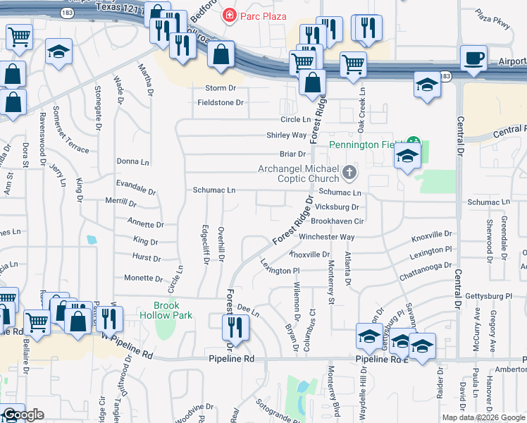 map of restaurants, bars, coffee shops, grocery stores, and more near in Bedford