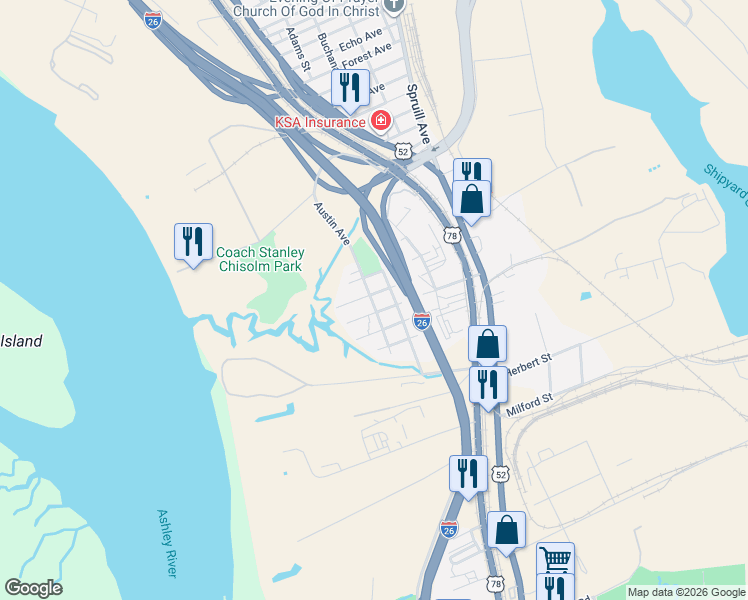 map of restaurants, bars, coffee shops, grocery stores, and more near 2309 Birdie Garrett Street in North Charleston