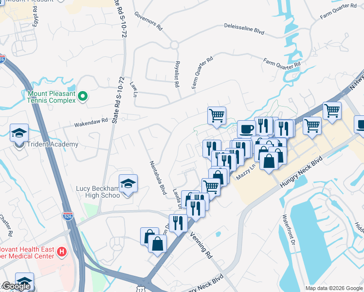map of restaurants, bars, coffee shops, grocery stores, and more near 1664 Lauda Drive in Mount Pleasant