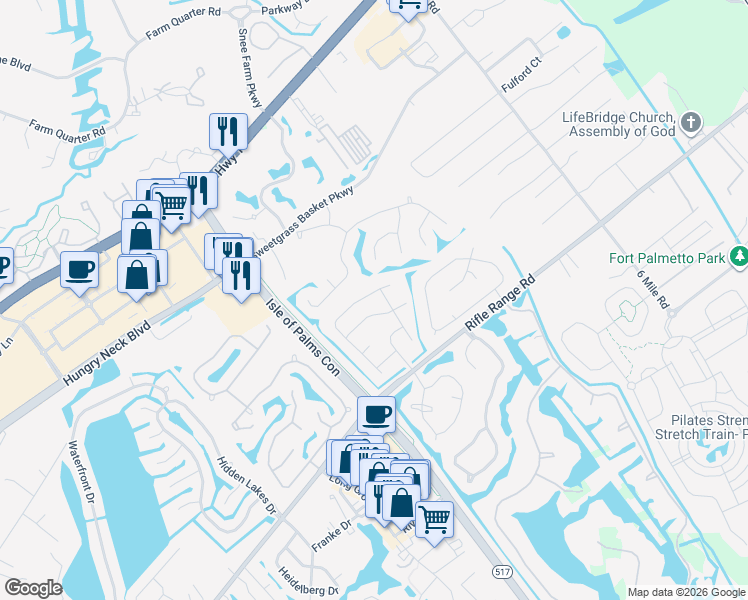 map of restaurants, bars, coffee shops, grocery stores, and more near 1324 Cadence Drive in Mount Pleasant