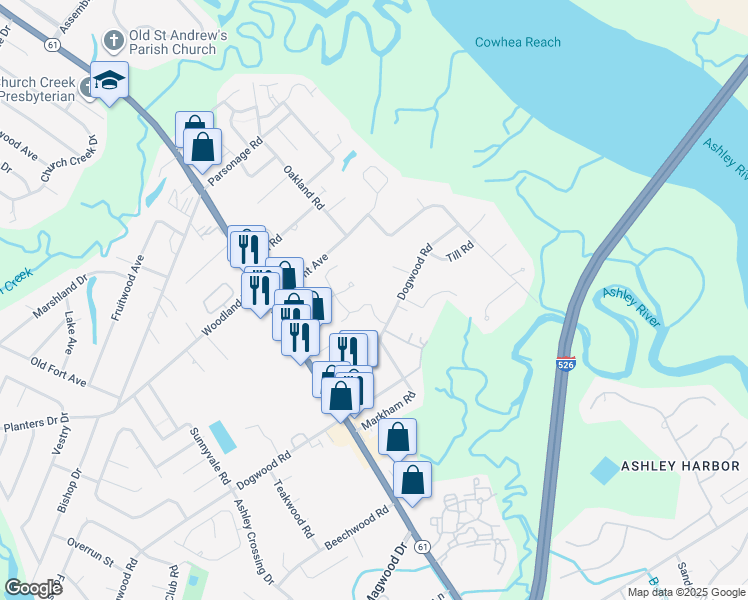 map of restaurants, bars, coffee shops, grocery stores, and more near 2419 Castlereagh Road in Charleston