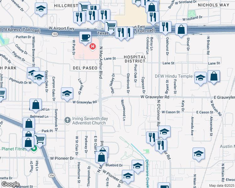 map of restaurants, bars, coffee shops, grocery stores, and more near 909 W Grauwyler Rd in Irving