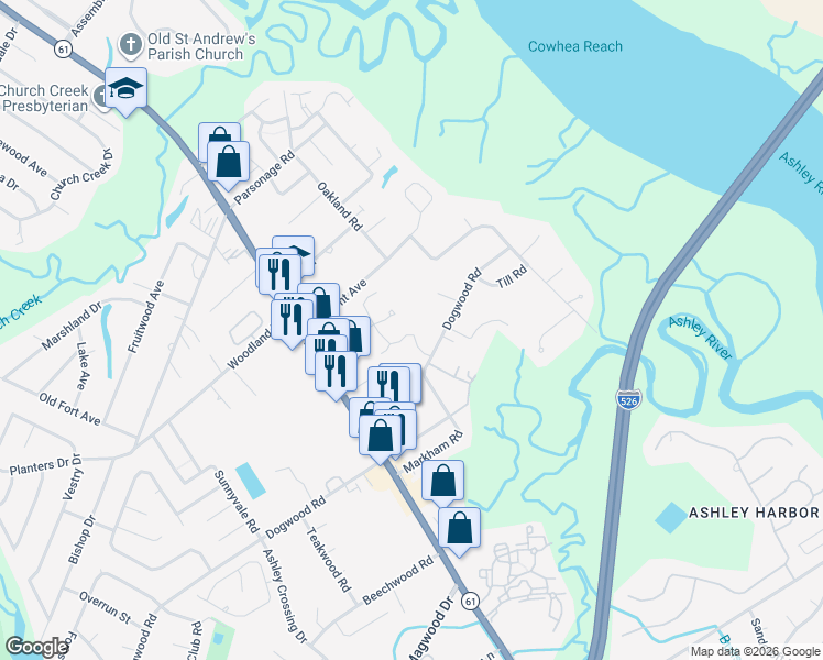 map of restaurants, bars, coffee shops, grocery stores, and more near 2412 Castlereagh Road in Charleston