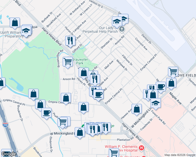 map of restaurants, bars, coffee shops, grocery stores, and more near 2143 Mail Avenue in Dallas