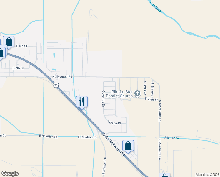map of restaurants, bars, coffee shops, grocery stores, and more near 1460 Stratford Drive in Safford
