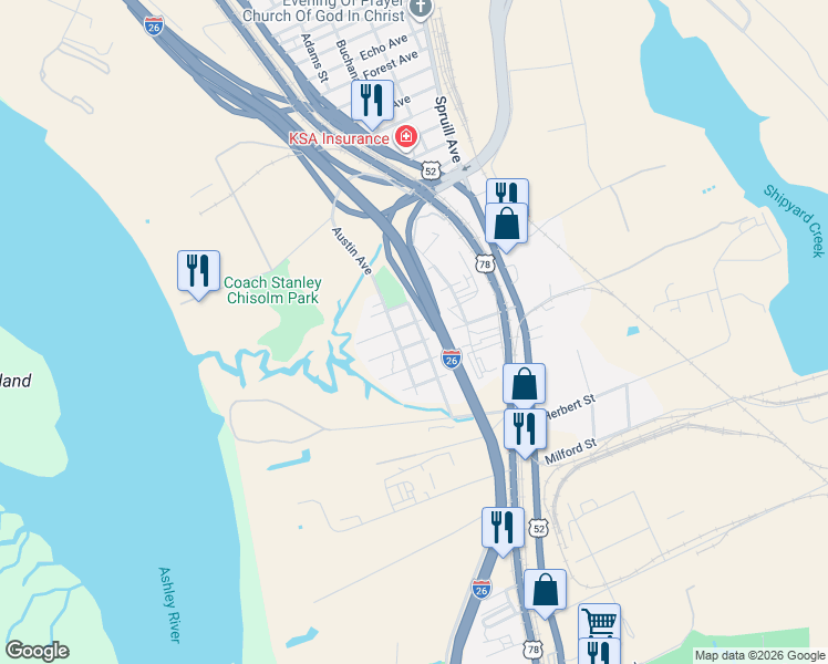 map of restaurants, bars, coffee shops, grocery stores, and more near 1912 Doscher Avenue in Charleston