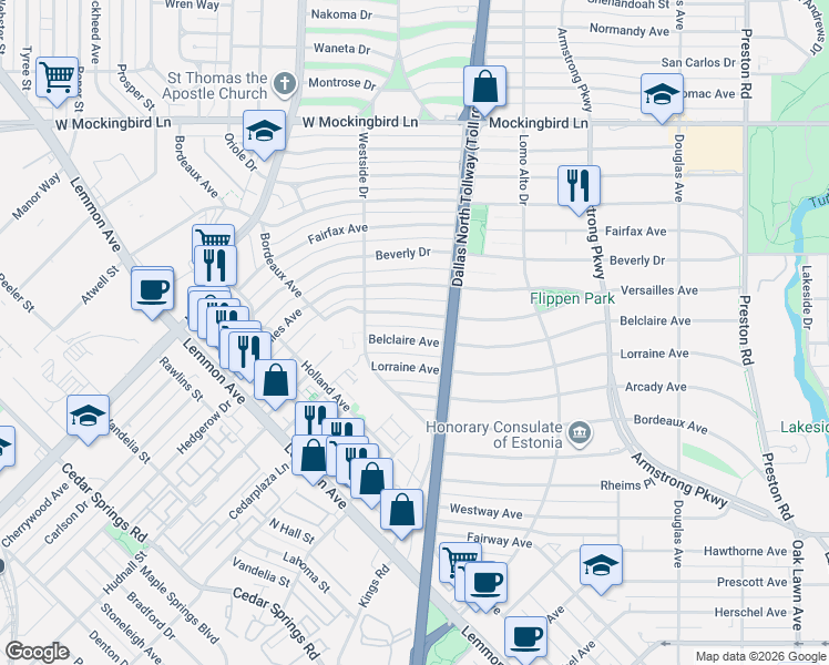 map of restaurants, bars, coffee shops, grocery stores, and more near 4642 South Versailles Avenue in Dallas