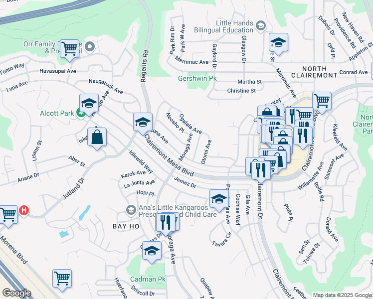 map of restaurants, bars, coffee shops, grocery stores, and more near 3335 Moccasin Avenue in San Diego