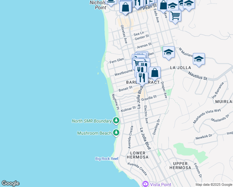 map of restaurants, bars, coffee shops, grocery stores, and more near in San Diego