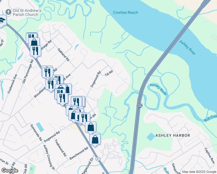 map of restaurants, bars, coffee shops, grocery stores, and more near 2154 Catterton Drive in Charleston