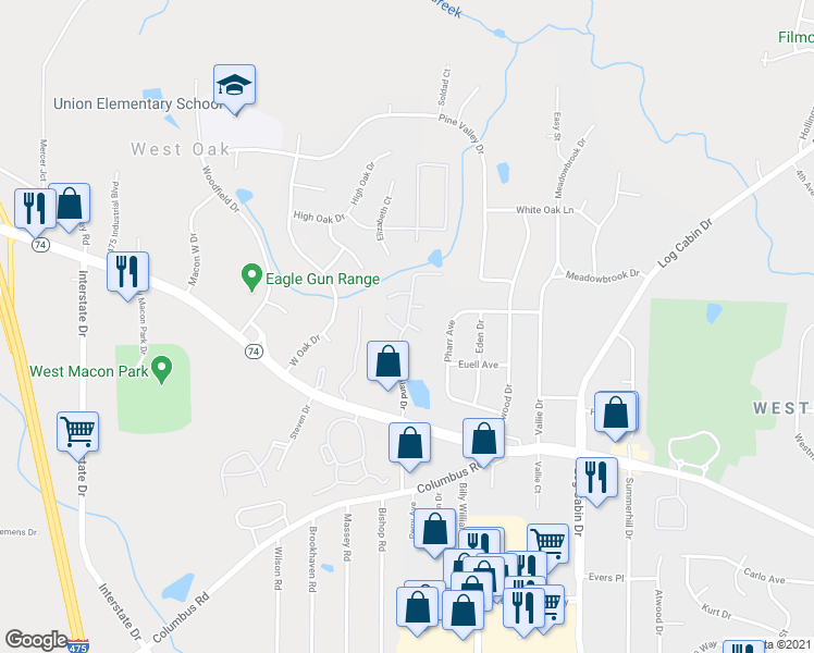 map of restaurants, bars, coffee shops, grocery stores, and more near Man-O-War Lane in Macon