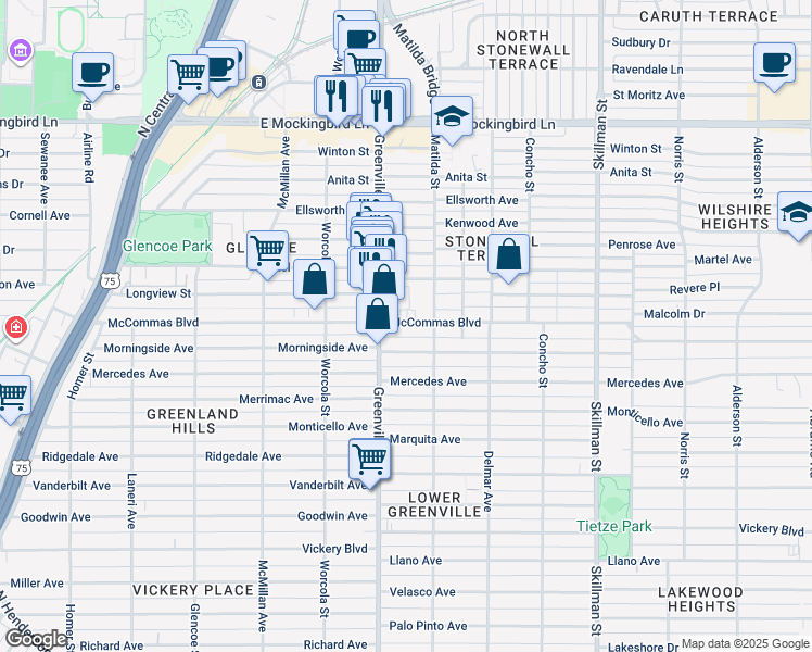 map of restaurants, bars, coffee shops, grocery stores, and more near 5711 McCommas Boulevard in Dallas