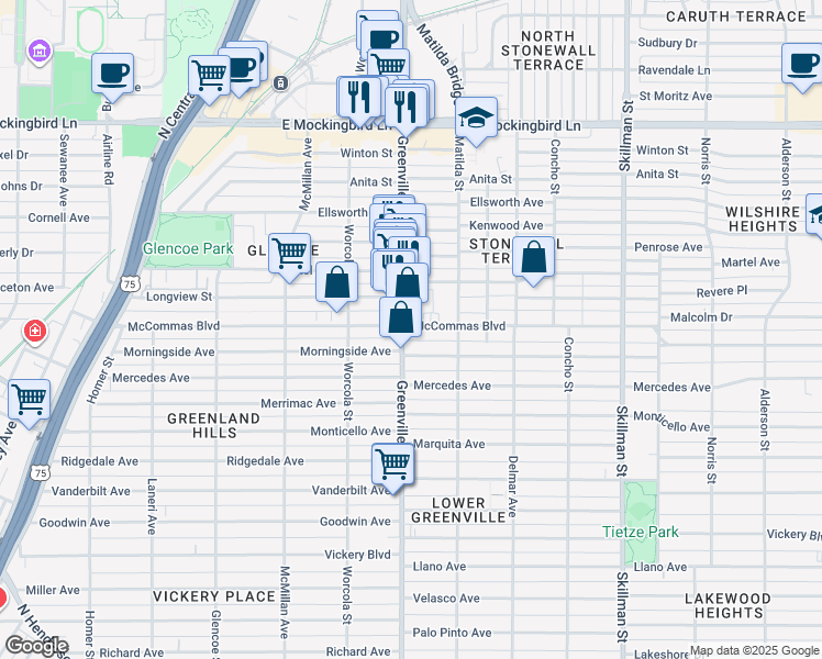 map of restaurants, bars, coffee shops, grocery stores, and more near 5711 McCommas Boulevard in Dallas
