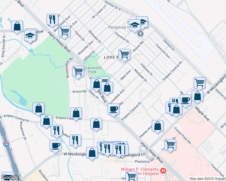 map of restaurants, bars, coffee shops, grocery stores, and more near 2142 Anson Road in Dallas