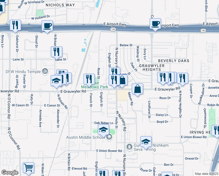map of restaurants, bars, coffee shops, grocery stores, and more near 1521 North Nursery Road in Irving