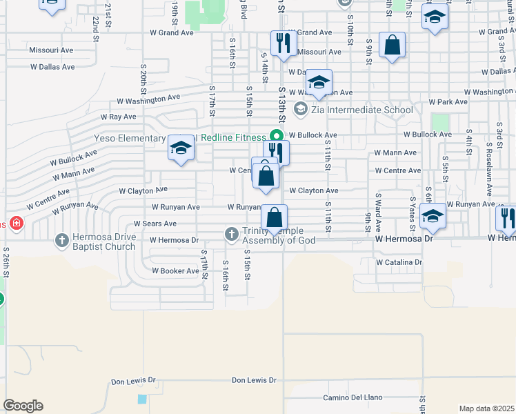 map of restaurants, bars, coffee shops, grocery stores, and more near 1408 West Runyan Avenue in Artesia