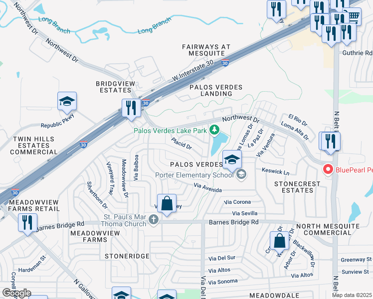 map of restaurants, bars, coffee shops, grocery stores, and more near 912 Courtland Drive in Mesquite