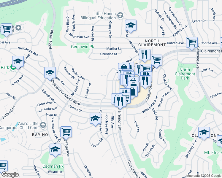 map of restaurants, bars, coffee shops, grocery stores, and more near 4646 Coconino Way in San Diego