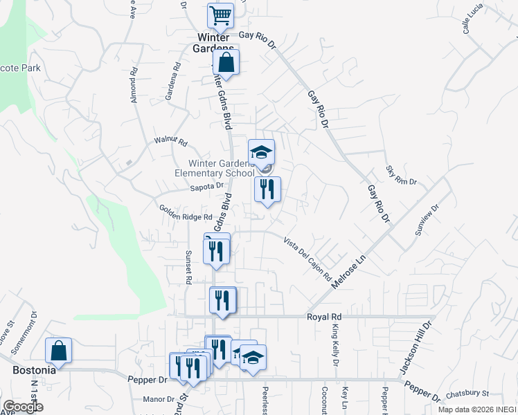 map of restaurants, bars, coffee shops, grocery stores, and more near 8470 Pueblo Road in Lakeside