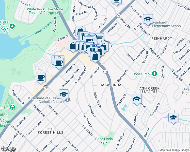 map of restaurants, bars, coffee shops, grocery stores, and more near 9406 Redondo Drive in Dallas
