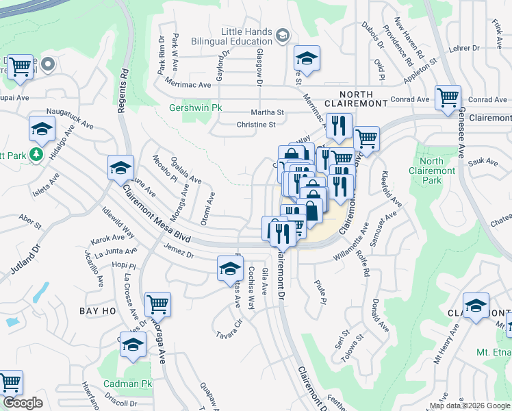 map of restaurants, bars, coffee shops, grocery stores, and more near 4657 Pocahontas Avenue in San Diego