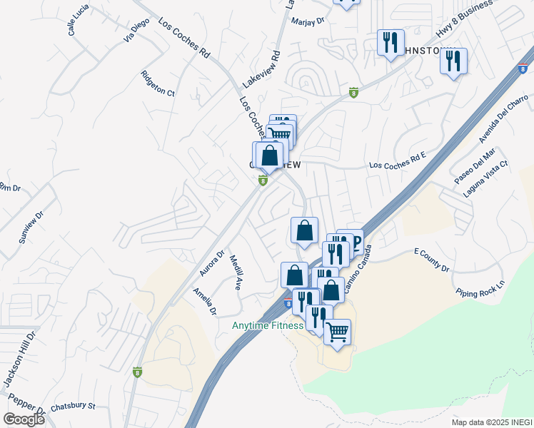 map of restaurants, bars, coffee shops, grocery stores, and more near 13217 Aurora Drive in El Cajon