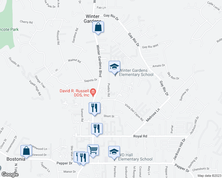map of restaurants, bars, coffee shops, grocery stores, and more near 8455 Pueblo Road in Lakeside