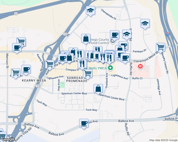map of restaurants, bars, coffee shops, grocery stores, and more near 8947 Complex Drive in San Diego