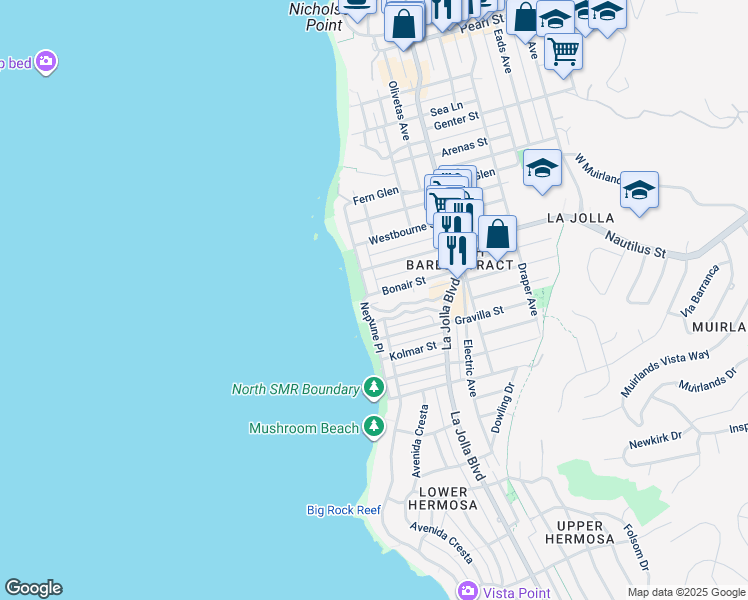 map of restaurants, bars, coffee shops, grocery stores, and more near 215 Bonair Street in San Diego
