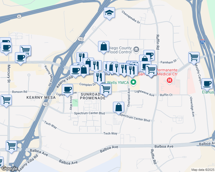 map of restaurants, bars, coffee shops, grocery stores, and more near 8947 Complex Drive in San Diego
