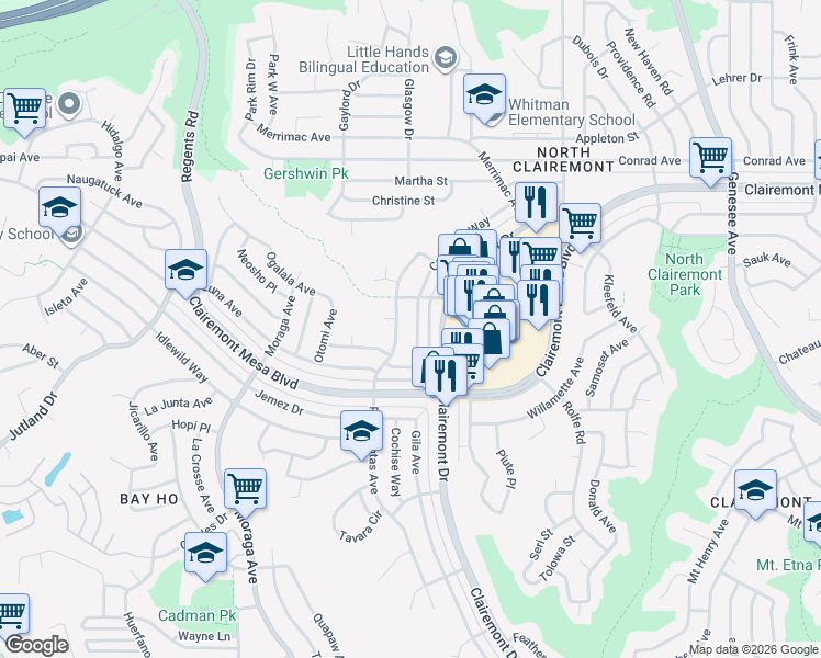 map of restaurants, bars, coffee shops, grocery stores, and more near 4646 Coconino Way in San Diego